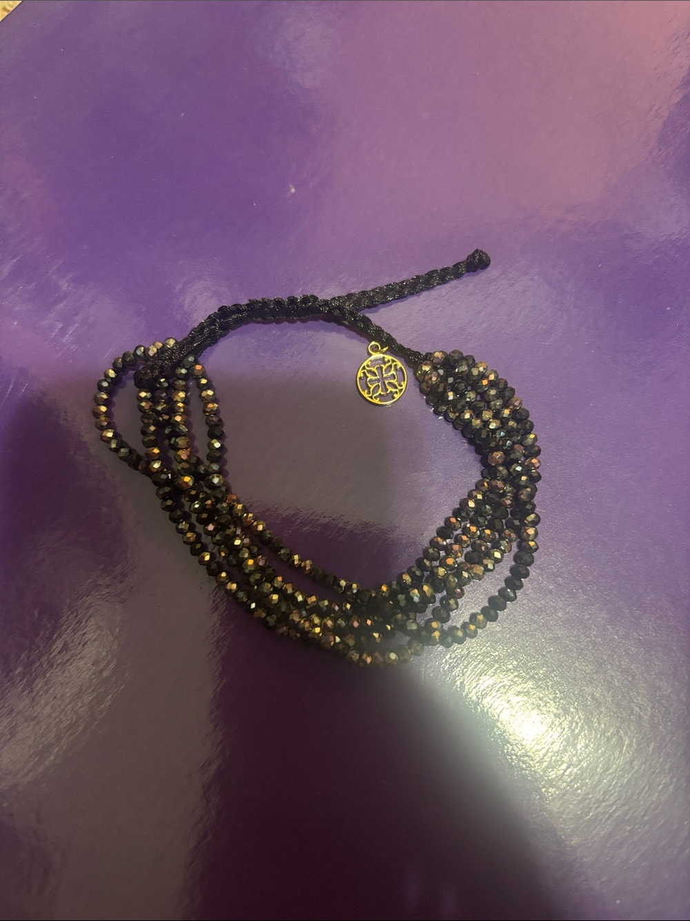 Rustic Cuff Black Beaded Multi-Strand bracelet with Gold Logo Charm